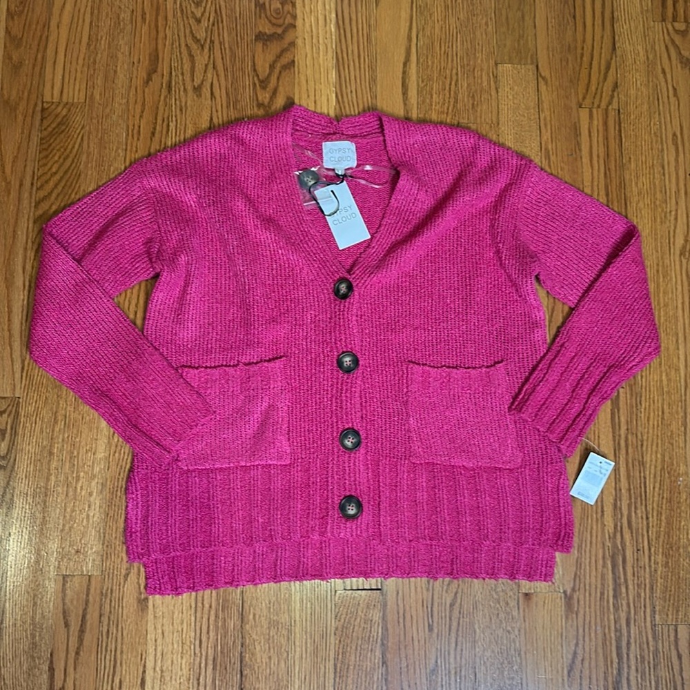 Gypsy Cloud Boxy Oversized Pink Cozy Sweater Boyfriend Cardigan front pockets S